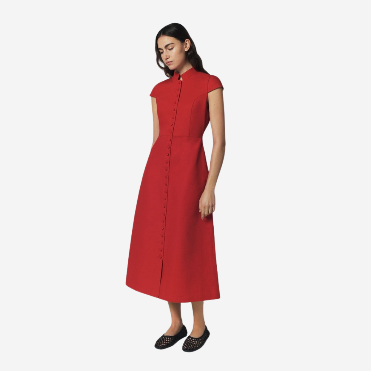 Red Button Front Midi Dress - Image 3
